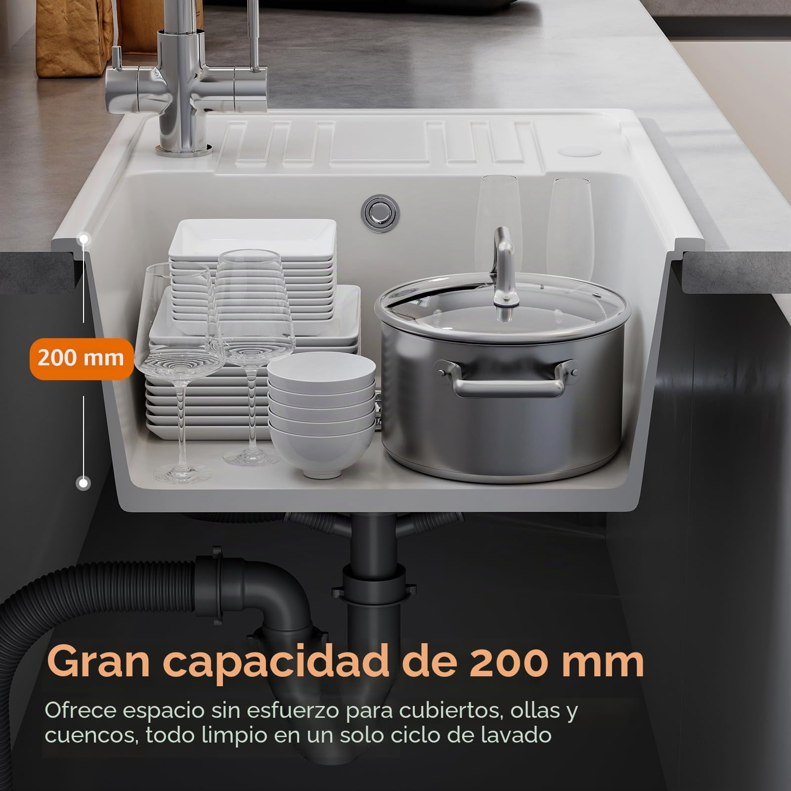 HOROW Fregadero de granito de 57 × 45 cm, montaje a la izquierda o a la derecha, resistente a los arañazos, con impregnación, fregadero rectangular, fregadero de cocina empotrable, color blanco