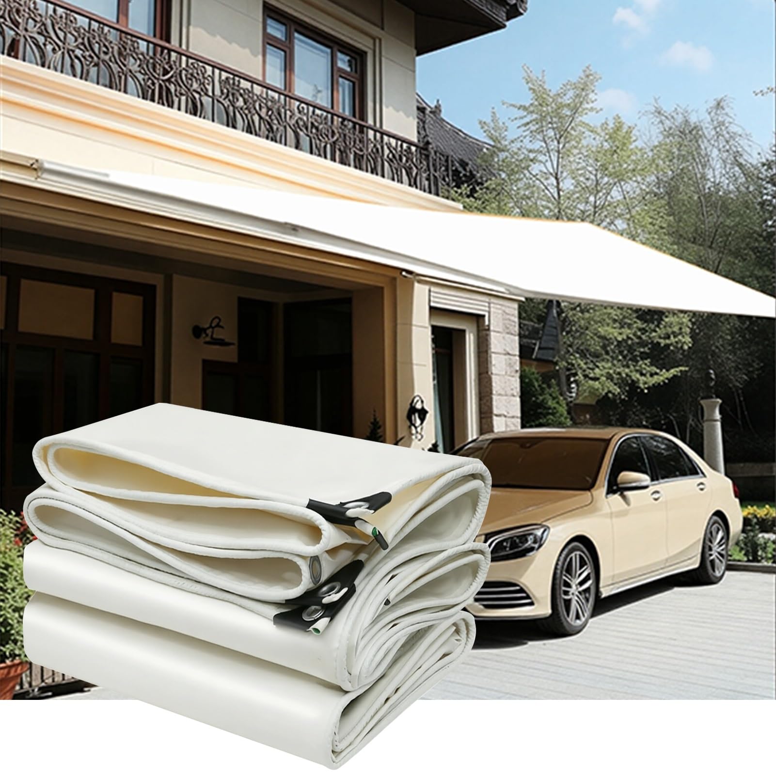 Heavy Duty PVC Tarpaulin White 500g/㎡ 4x6m, 5x8m Waterproof Ground Cover & Car Tarp Sheet, Multipurpose Camping & Patio Canopy(3x5m(9.8ftx16.4ft))