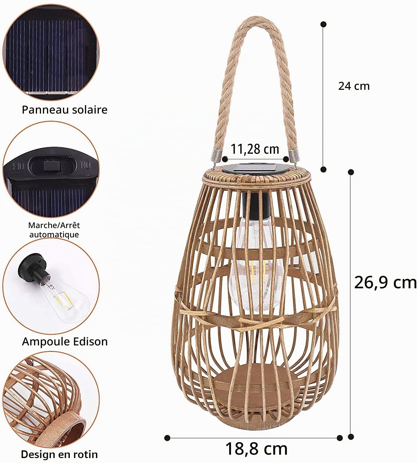 Lanterne solaire d'extérieur imperméable en rotin - Lanterne décorative bohème lumineuse avec poignée rustique à suspendre ou lampe de table pour clôture, porche, jardin, cour, décoration de mariage