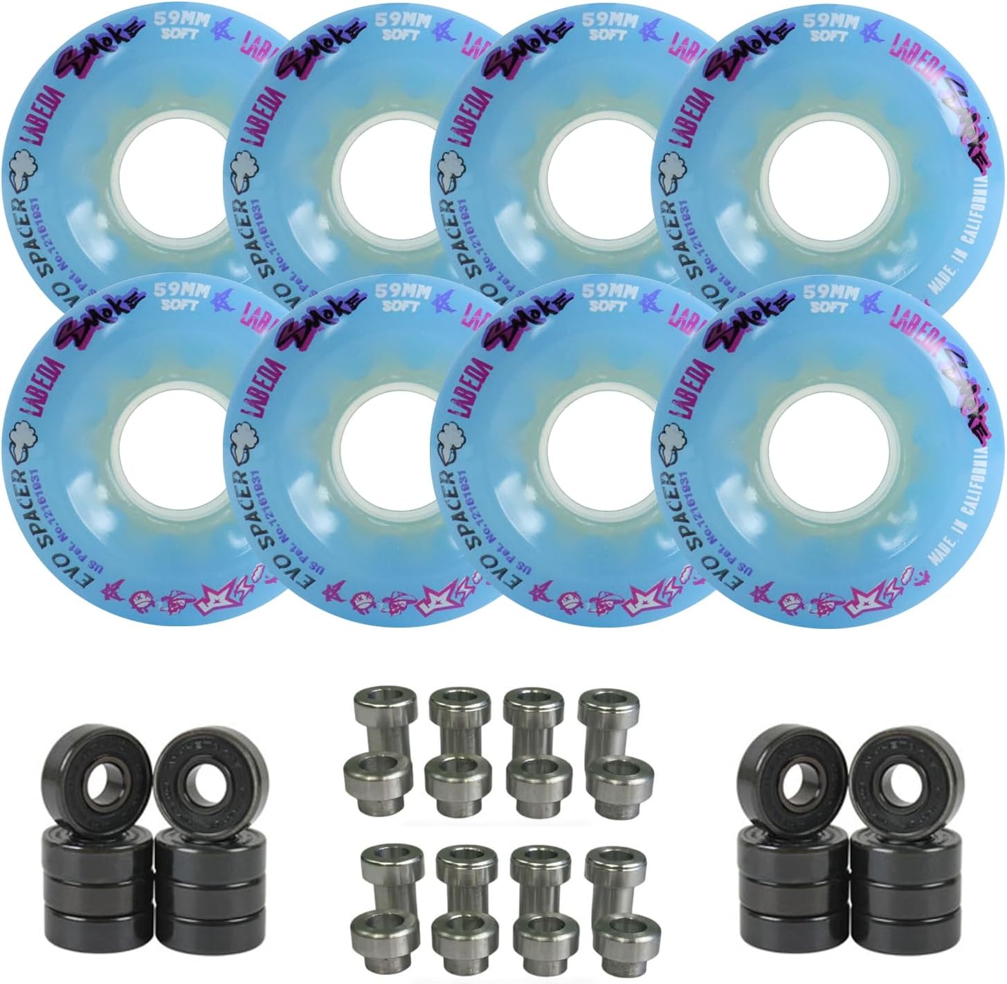 Labeda Smoke Evo Roller Hockey Wheels - 8-Pack with Evo Spacers and Hybrid Ceramic Bearings