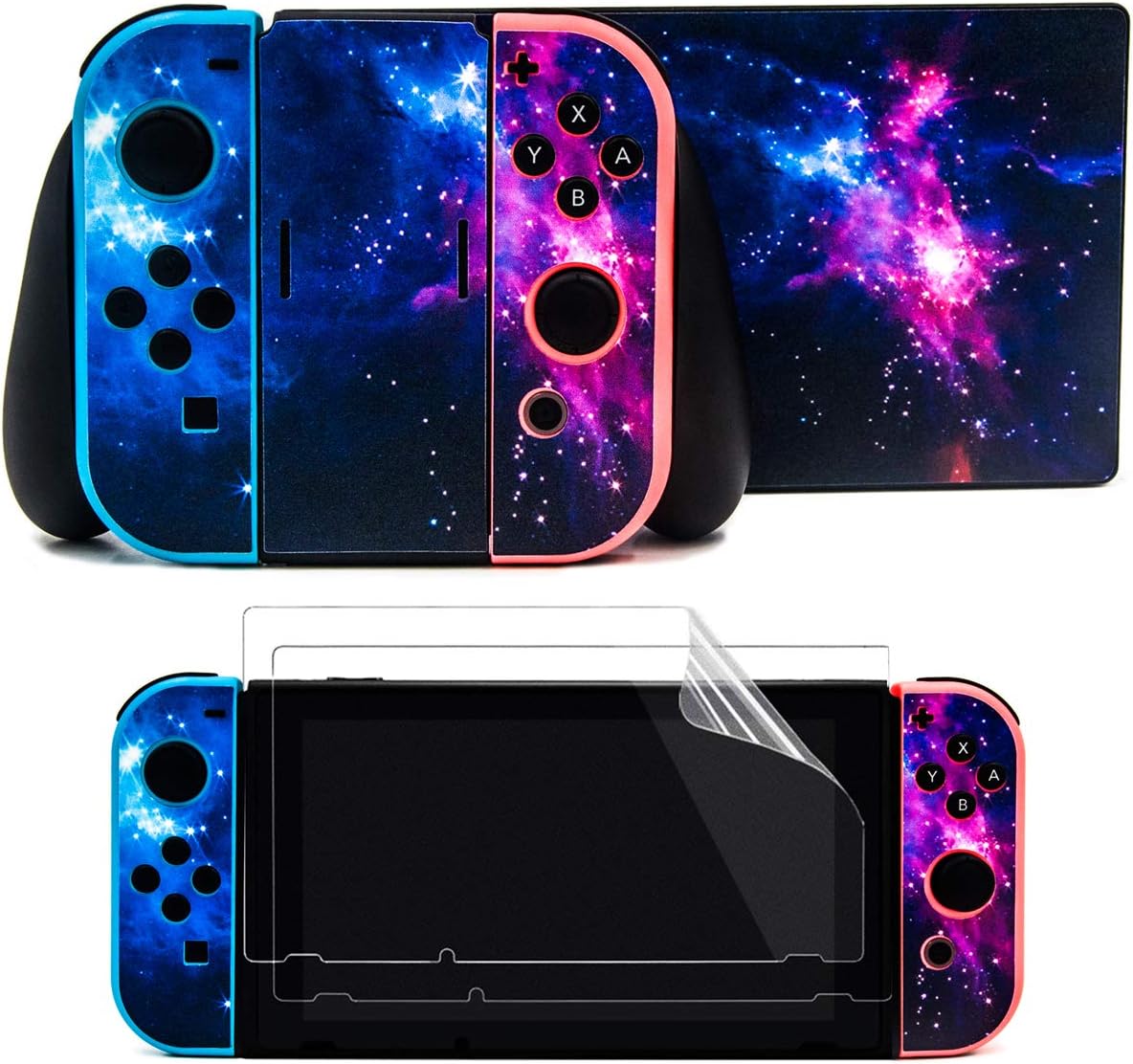 The Dazzling Galaxy Decals Stickers Set Faceplate Skin +2Pcs Screen Protector for Nintendo for Switch Console & Joy-Con Controller & Dock Protection Kit