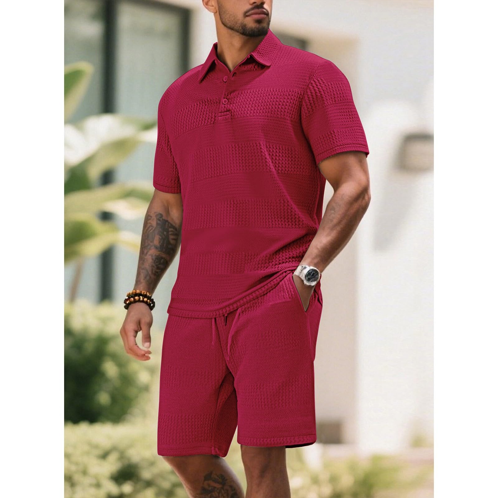 Elegantes trajes de verano para hombre, traje de verano con polo y pantalones cortos, traje casual con impresión, traje de salón transpirable, cómodo, traje de trabajo clásico para hombres