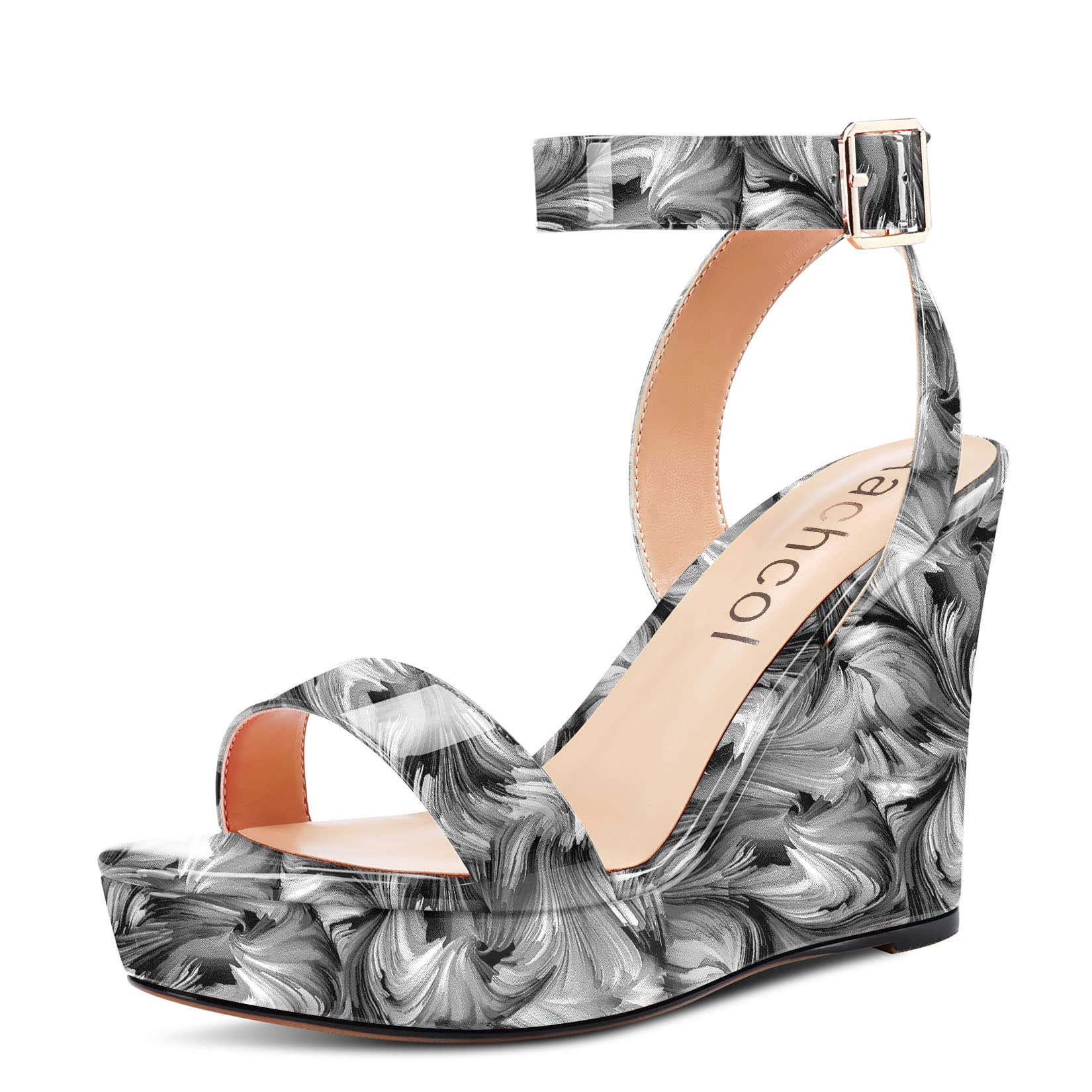 Aachcol Women Platform Wedge Sandals Round Peep Open Toe Ankle Strap Slingback Two-Piece Chunky Block High Heel Dress Shoes Pumps Party Patent 4 Inch