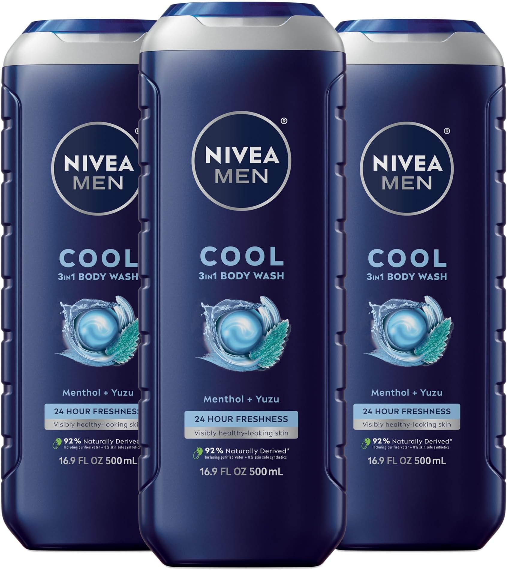Cool Body Wash, Icy Menthol and Yuzu Scent, 3-in-1 Men's Body Wash, Face and Hair, Paraben Free, pH-Skin Friendly, 16.9 Fl Oz Bottle, Pack of 3