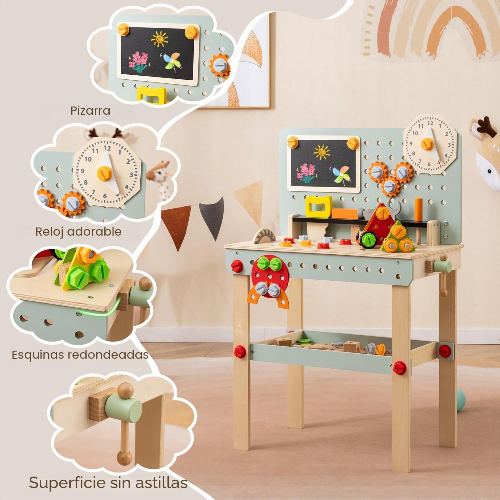 HOMASIS Banco Herramientas de Madera Juguete, Taller Mecanico Montessori con Juego de Herramientas y Espacio de Almacenamiento, Regalo Manualidades y Educativo para Niños y Niñas de 3+ Años
