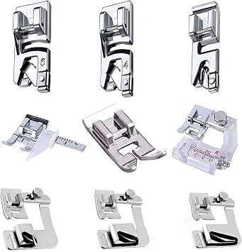 9pcs Sewing Machine Presser Feet Set Including 6pcs Rolled Hemmer Presser Foot, 1pcs Zig Zag Foot, 1 pcs Adjustable Guide Foot and 1pcs Adjustable Bias Binder Foot for Singer, Brother, Janome etc