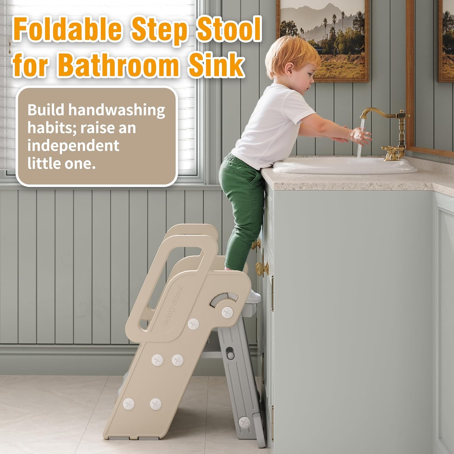 Foldable Step Stool for Bathroom Sink - Adjustable Toilet Trainer & Anti-Tip Guard - Kitchen Learning Stool with Safety Rail,Bookshelf Ladder for Toddlers with Safety Lock,Grey