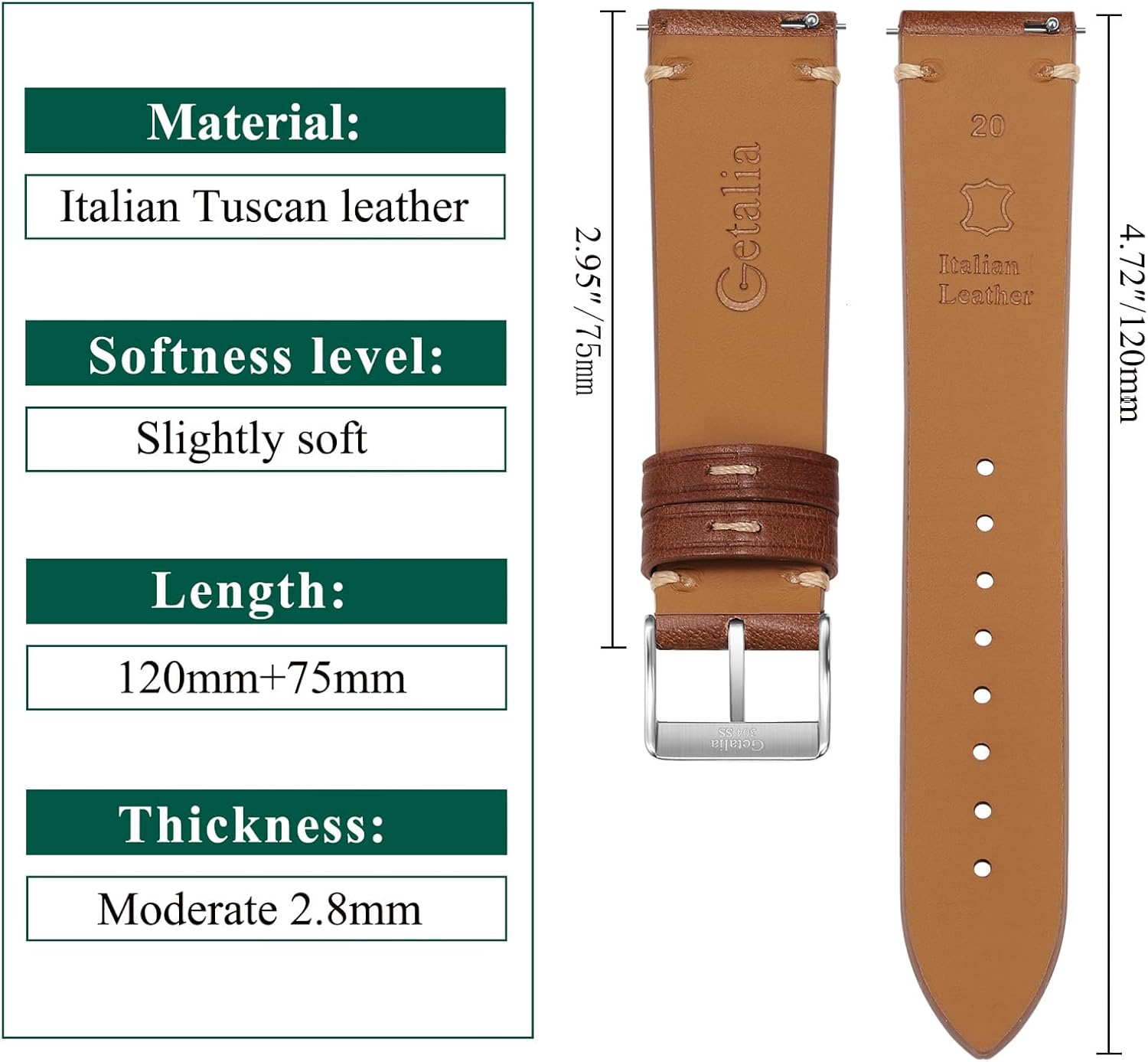 Getalia Italian leather Watch Band Tuscany Natural Vegetable-Tanned Top Grain Genuine Leather, 18mm 19mm 20mm 21mm 22mm 24mm Quick Release Replacement Watch Straps for Men and Women Thick and Soft