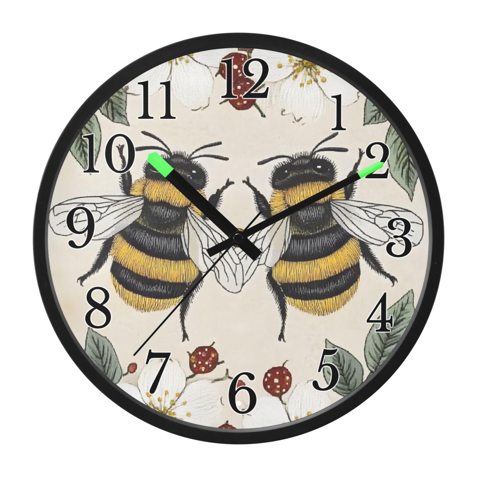 Mnsruu Reloj de pared luminoso con diseño de abejas, flores, bayas rojas, reloj de pared que brilla en la oscuridad, funciona con pilas, silencioso, sin tictac, luz nocturna para dormitorio