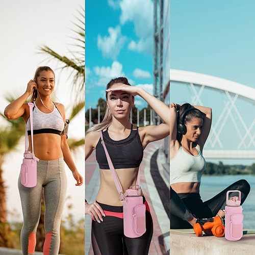 Miniatura 6 de Botella de agua de 64 onzas con manga botellas de agua motivacionales de medio galón con marcador de tiempo y pajita jarra de agua sin BPA para