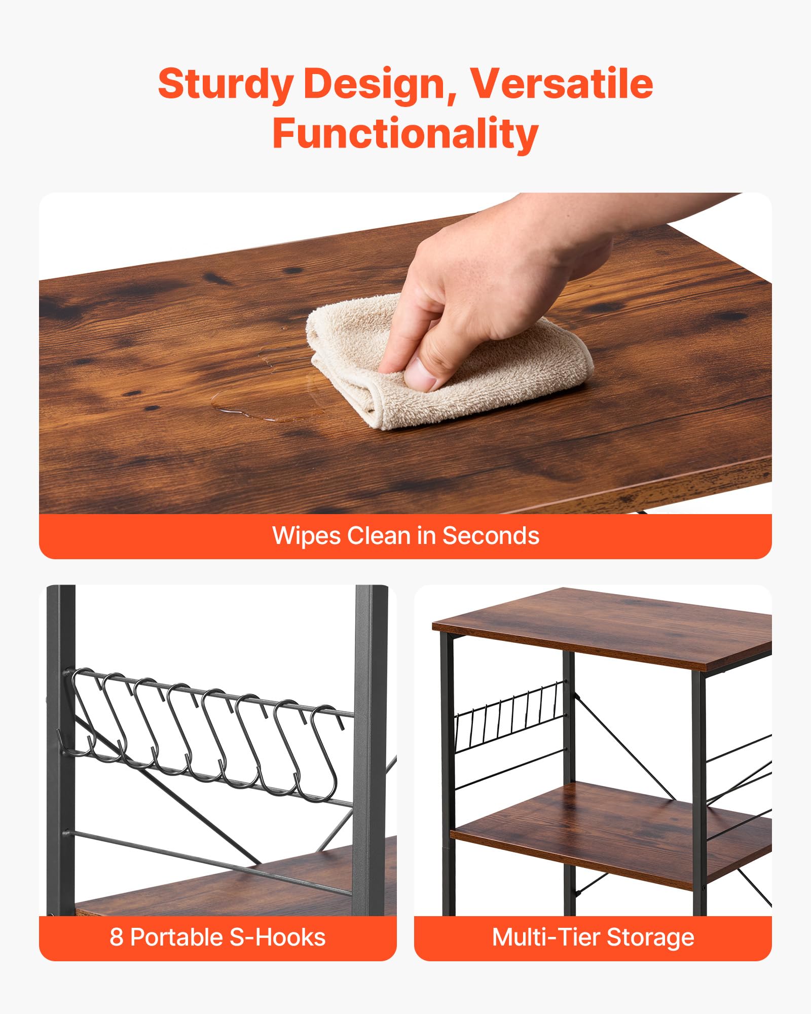 VEVOR Carrello da Cucina 3 Ripiani, Carrello di Servizio da Cucina Portaoggetti Carico da 55 kg con Ruote 8 Ganci Ripiani in Metallo, 602 x 402 x 902 mm, Portaspezie Microonde Utensili Portaoggetti