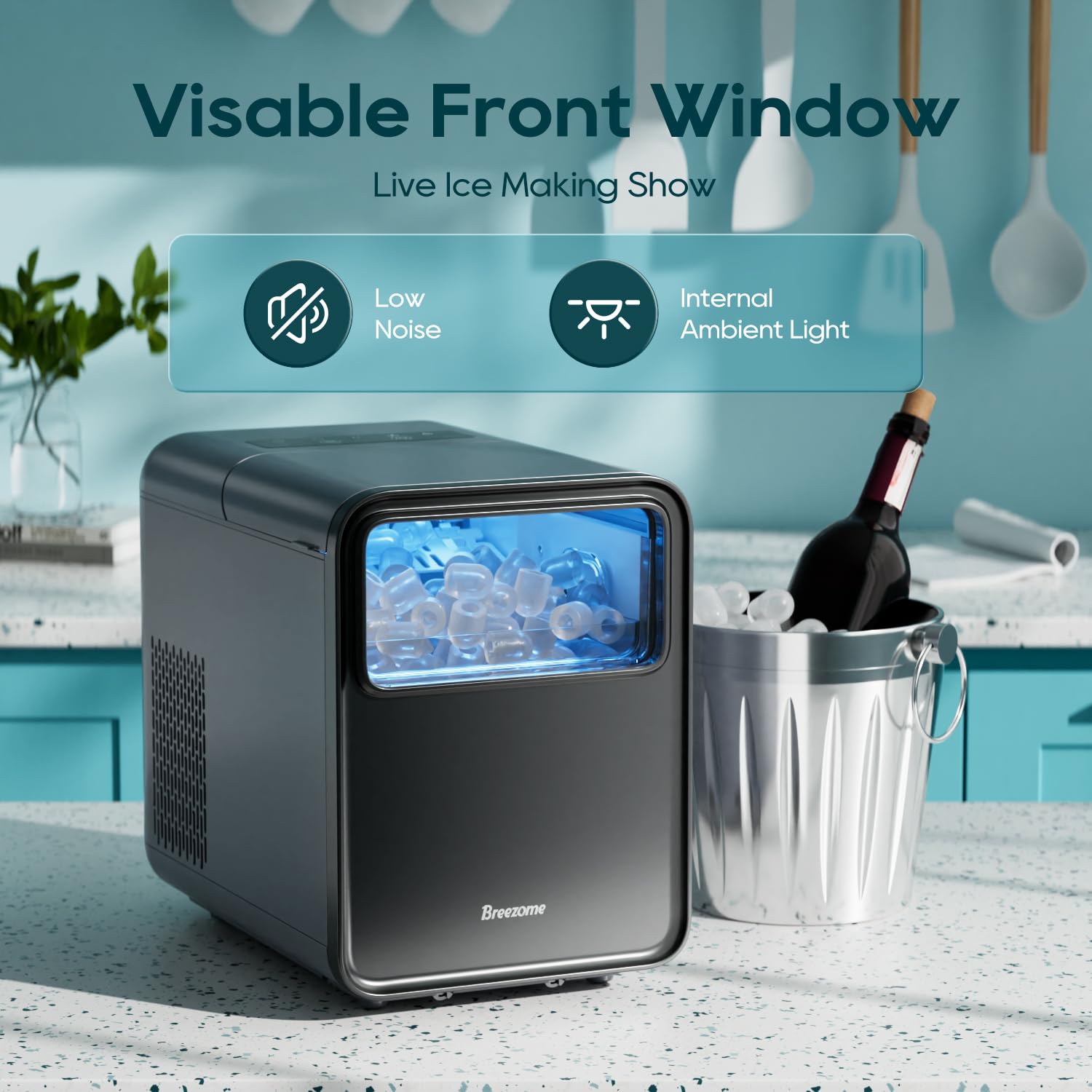 BREEZOME Ice Maker Countertop, Self-Cleaning Ice Machine, 9 Cubes in 6 Mins, 26.5lbs in 24Hrs, Compact Ice Maker with Basket & Scoop, Quiet Operation, 2 Sizes of Bullet Ice for Home Kitchen Camping RV - Image 9