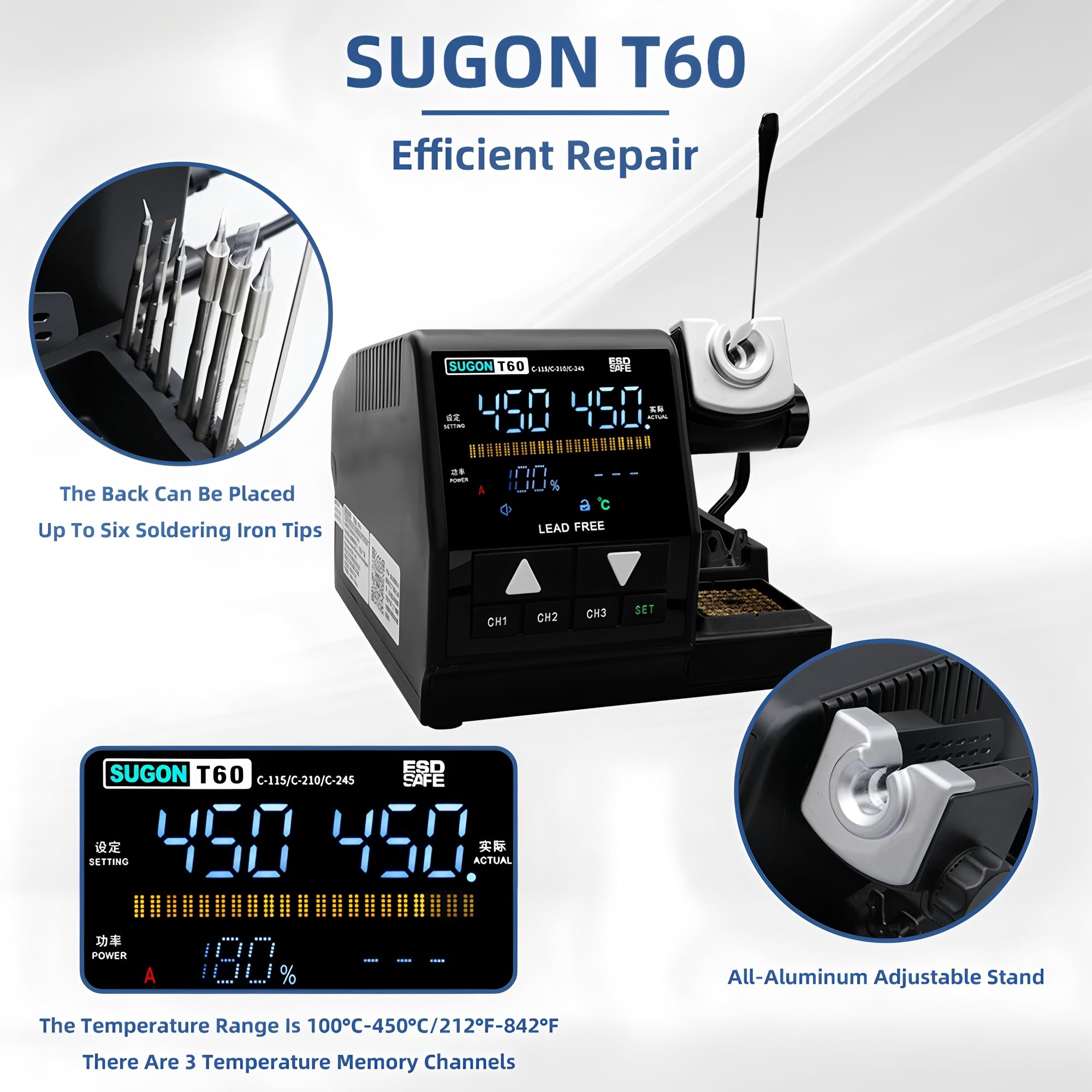 Estaciones de soldadura de calentamiento rápido Sugon T60 120W 2S calentamiento rápido hasta 380°C estaciones digitales de soldadura (T60+245+3 puntas)