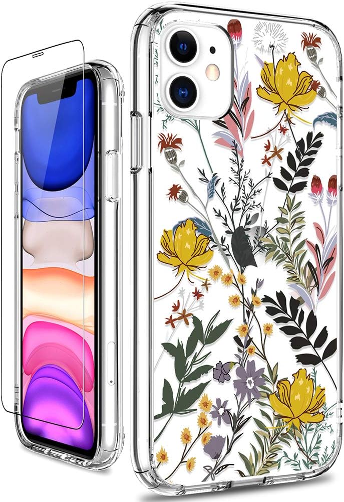 GiiKafor iPhone 11 Case, Clear Shockproof Hard PC Case with TPU Bumper Heavy Duty Protective Floral Women Girls Bumper Cover Phone Case for iPhone 11, Wildflower