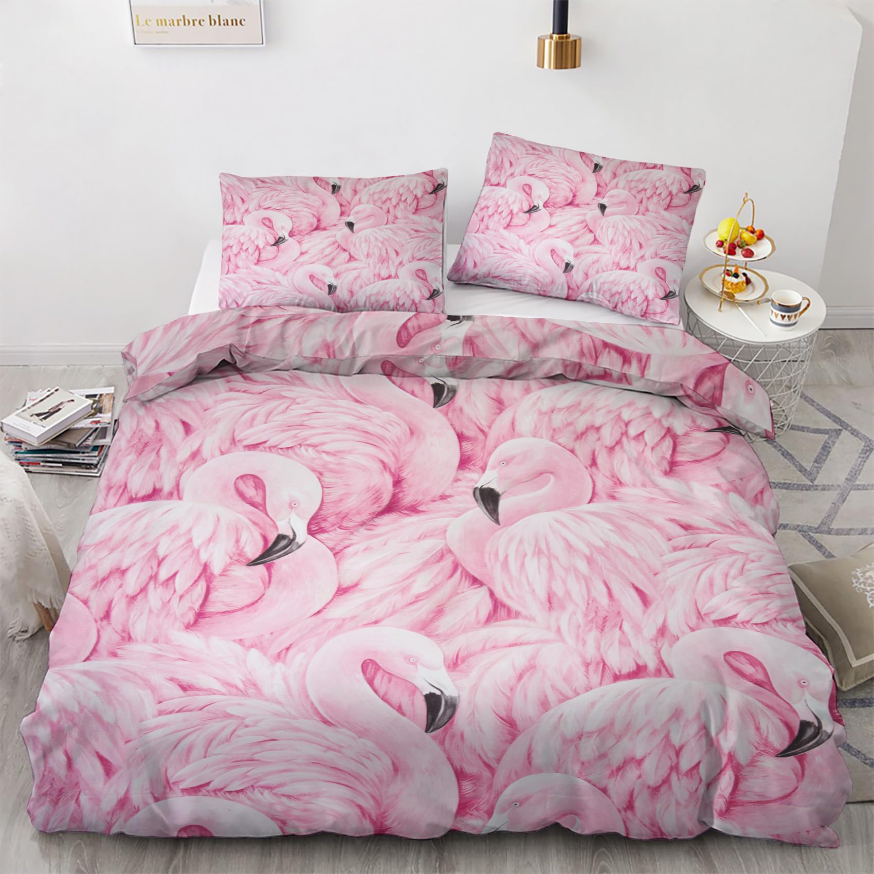 GEDAEUBA Flamingo Duvet Cover Double Bedding Set - Pink Reversible Patterned Quilt Cover Set 3 pcs with Zipper Closure and 2 Pillowcases 50x75 cm, Easy Care Soft Brushed Microfiber Bed Set