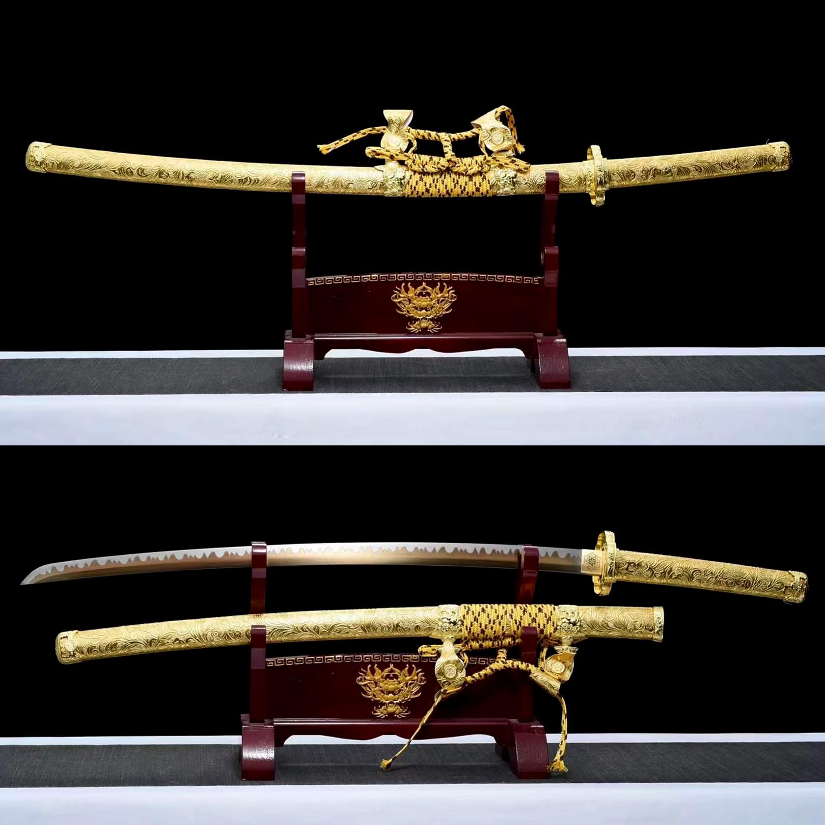 104cm Japanisches Tachi,Federstahl Klinge mit Backvorgang,Goldleder umwickelte Holzscheide,handgefertigt Samurai-Schwert,real Katana für Geschenke,Dekoration,Cosplay,Display,Sammlung,Requisiten