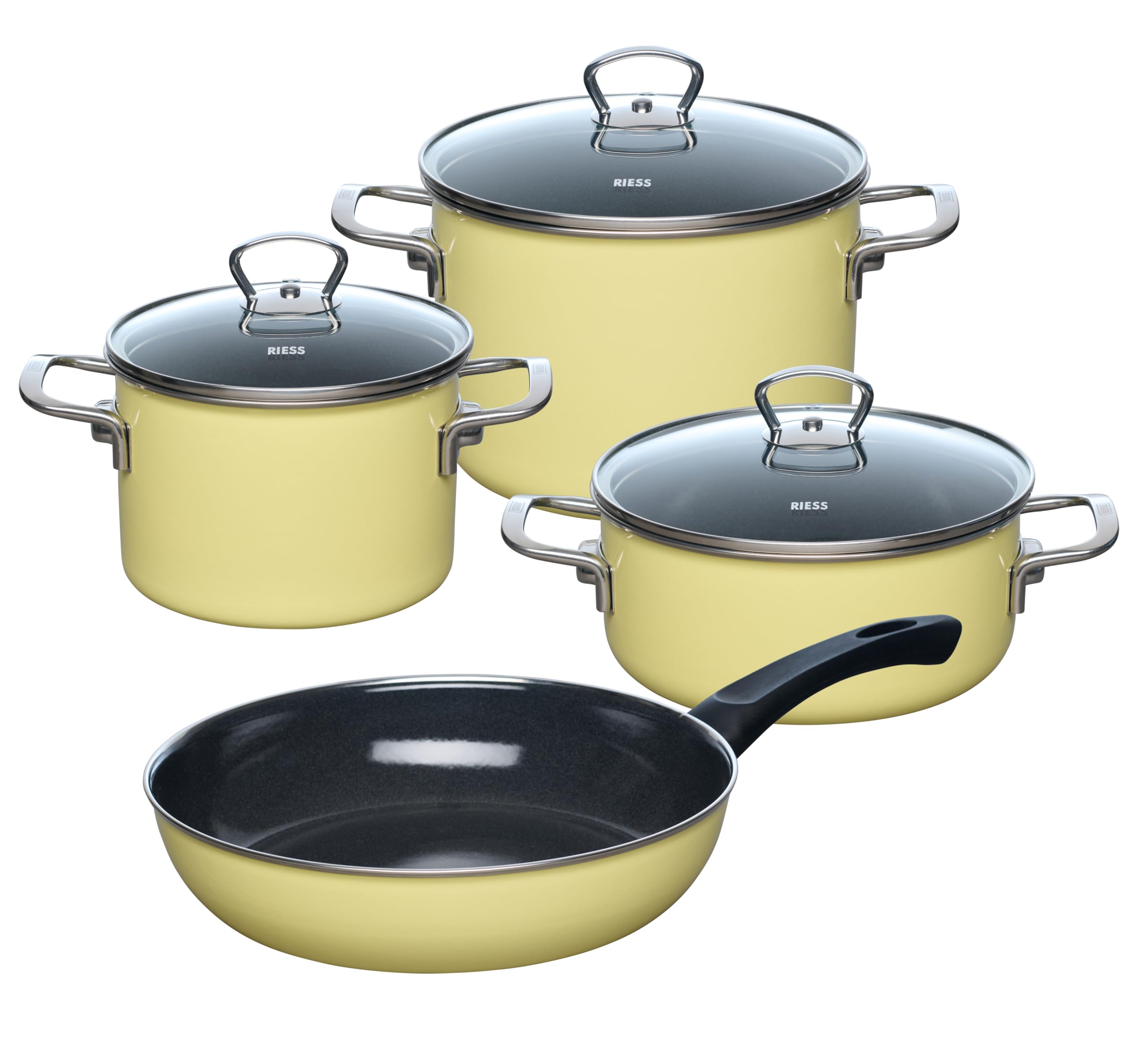 Set de casseroles induction émail jaune citron Riess 4 pièces robustes