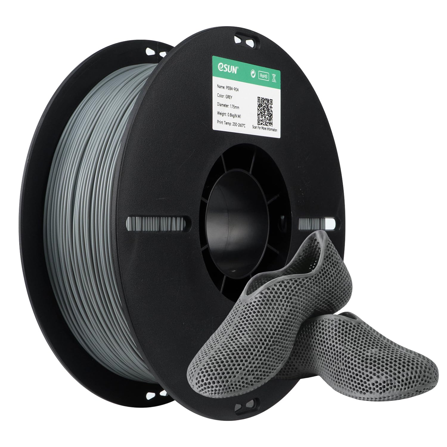 eSUN PEBA-85A Filament 3D Flexible 1.75 mm 0.8KG pour Imprimantes 3D, Gris