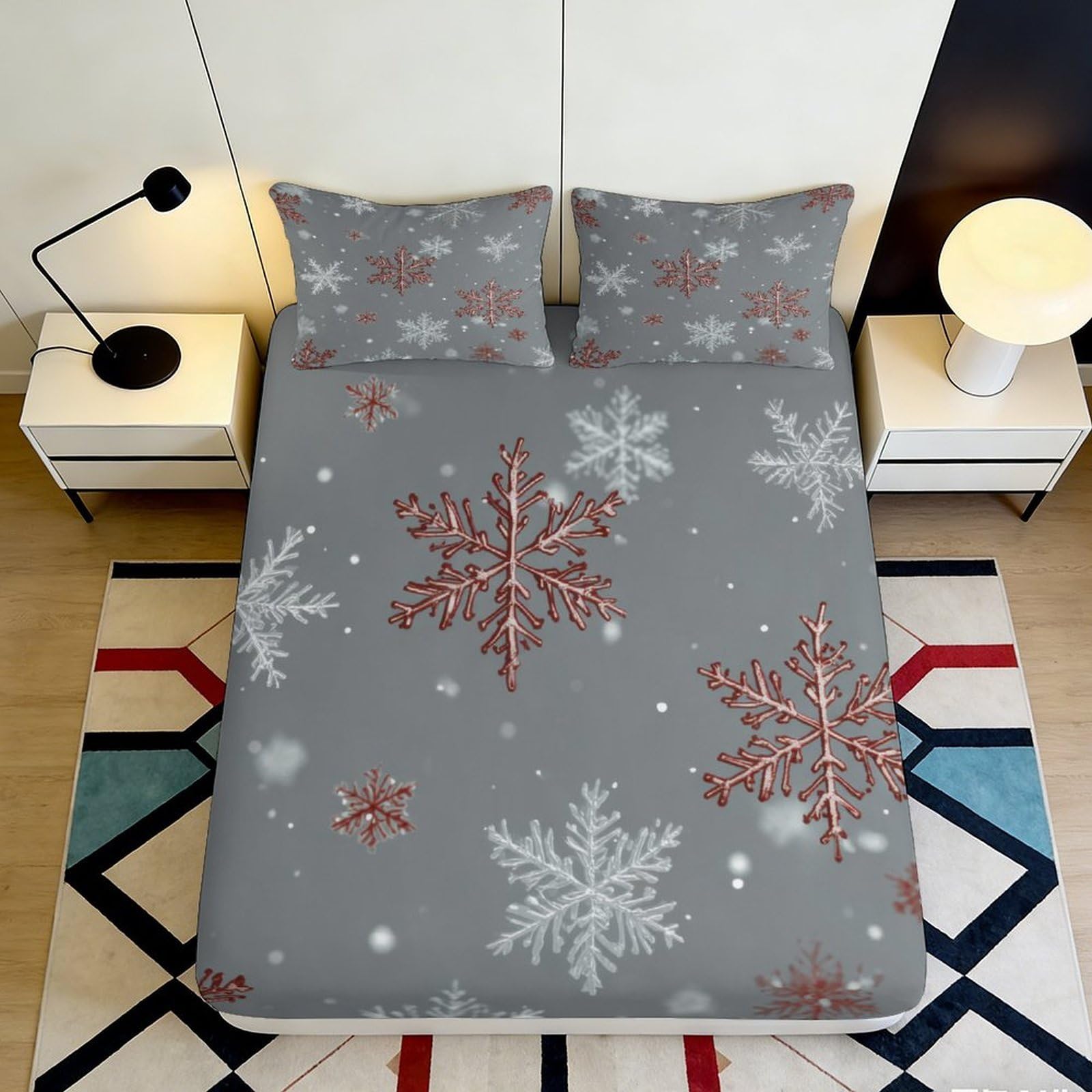 Qjzxknhpgr Style-3 3D Printed Snowflake Grey Fitted Sheet Microfiber Soft Breathable Winter Pattern Bed Cover For Bedroom Dorm Mattress Protection Decor 90X200x25cm