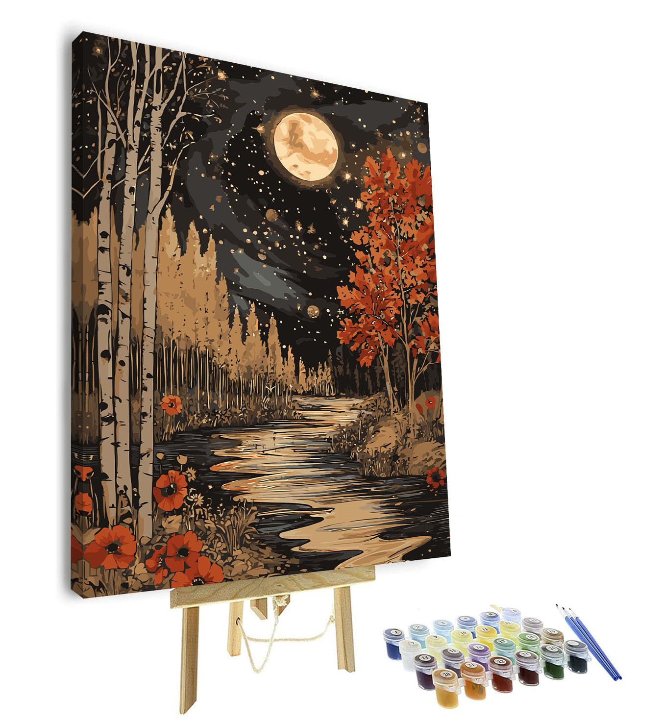 TISHIRON Paint by Numbers Kit for Adults, Serene River with Forest Trees and Full Moon Night Landscape Art, DIY Canvas Kit for Beginners, Relaxing Nature Scene Painting by Numbers(Framed)