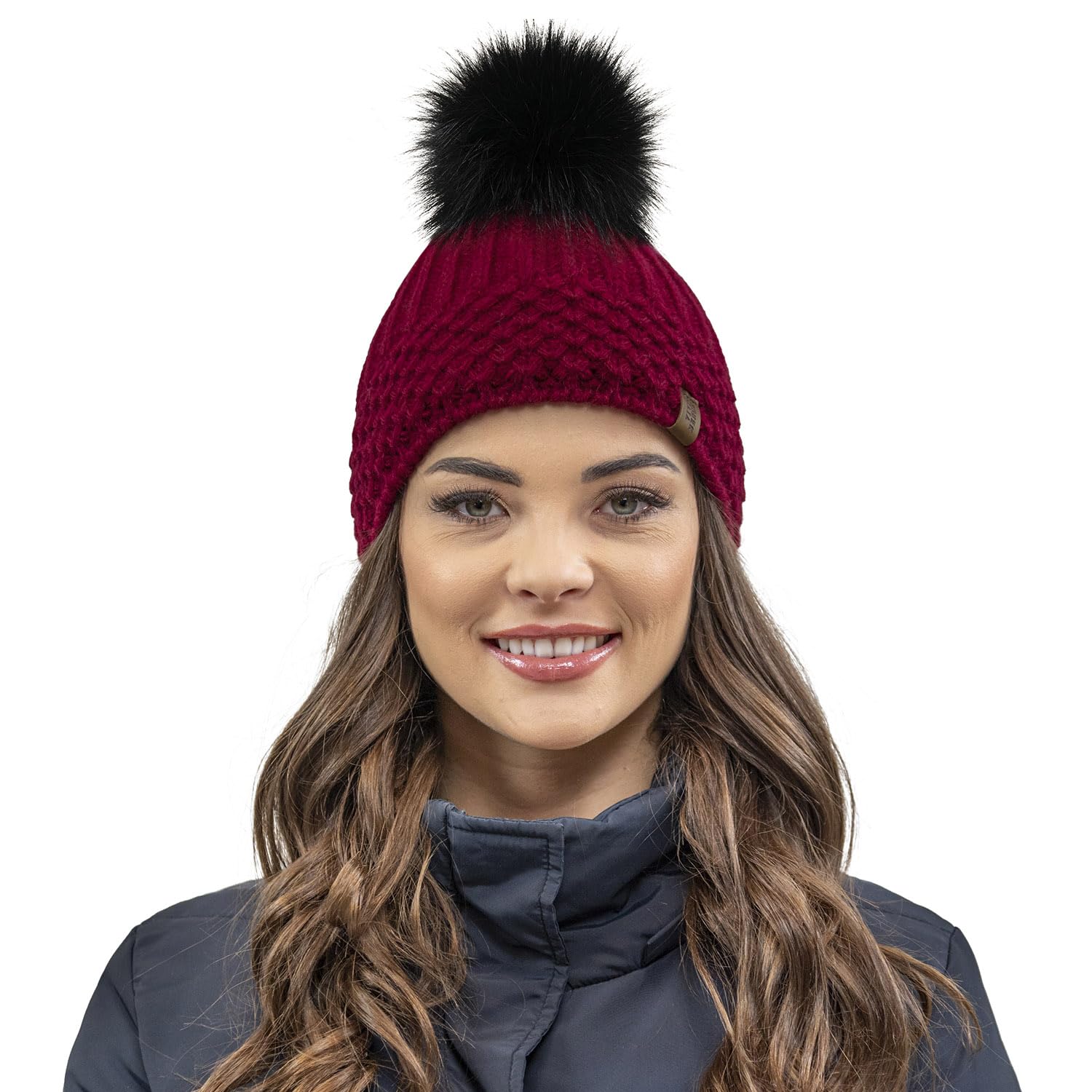 Vivisence Women's Winter Hat with Pom Pom Warm Ideal for Cold Days 7016, Maroon,UNI