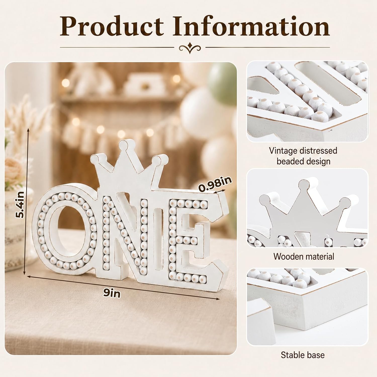 5.4 Inch Tall One Letters Sign First Birthday Wooden Standing Table Centerpieces Decor 1st Year Old Photo Shoot Prop Beaded Vintage Distressed Style for Birthday Party Home Decoration