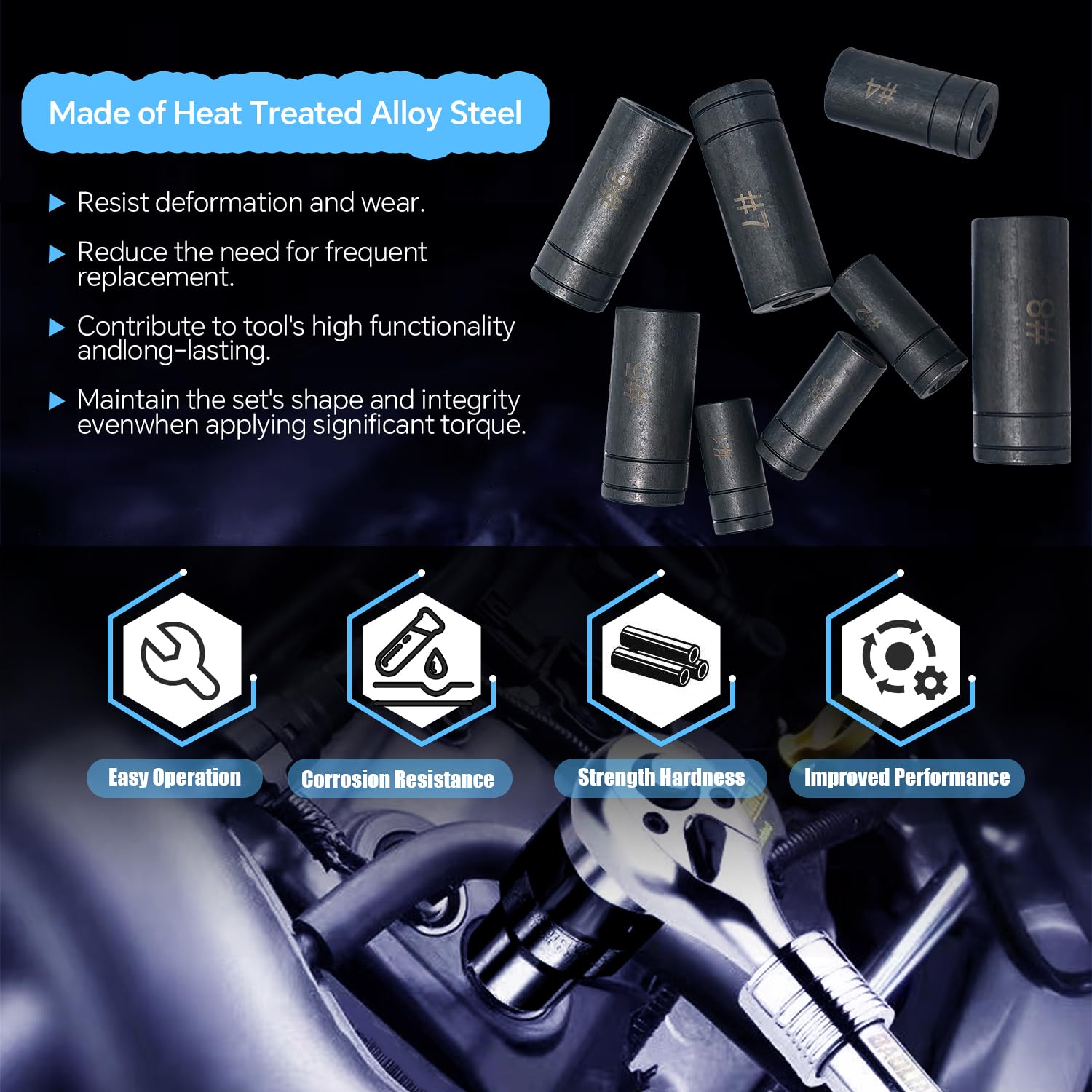 Juego de vasos para machos de roscar 70500, 8 piezas, con entrada de 1/4" y 3/8", compatible con todos los machos de roscar estándar MCTI (1/2" y 1/8" NPT, hasta 12 mm métricos), para usar con llave