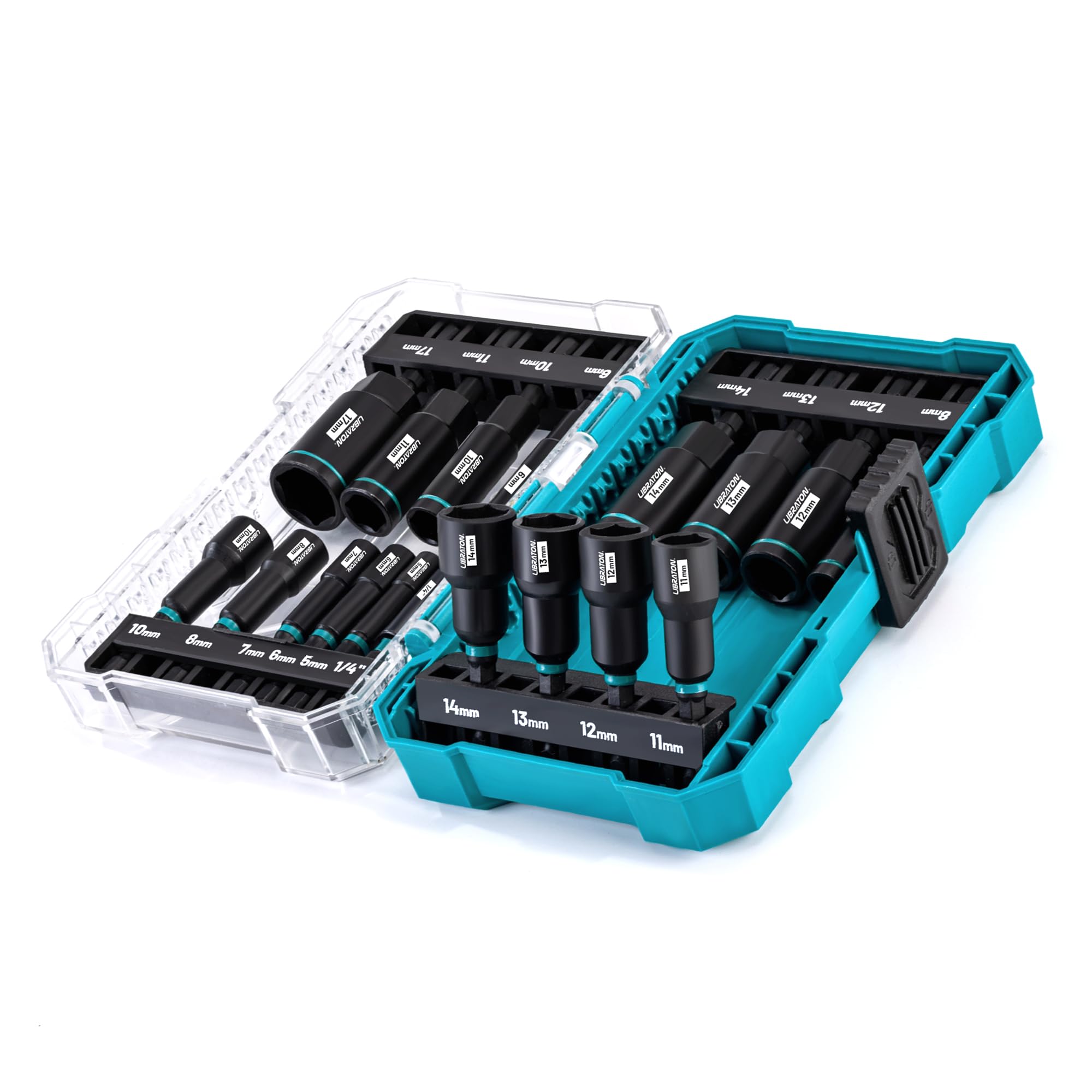 LIBRATON Douille Visseuse Magnétique, Visseuses à Choc 18 Pièces, Douille Profonde, Tourne-écrous Métriques, Douilles 5-14mm et Profondes 6-17mm, Porte-embout, Boîte de Rangement