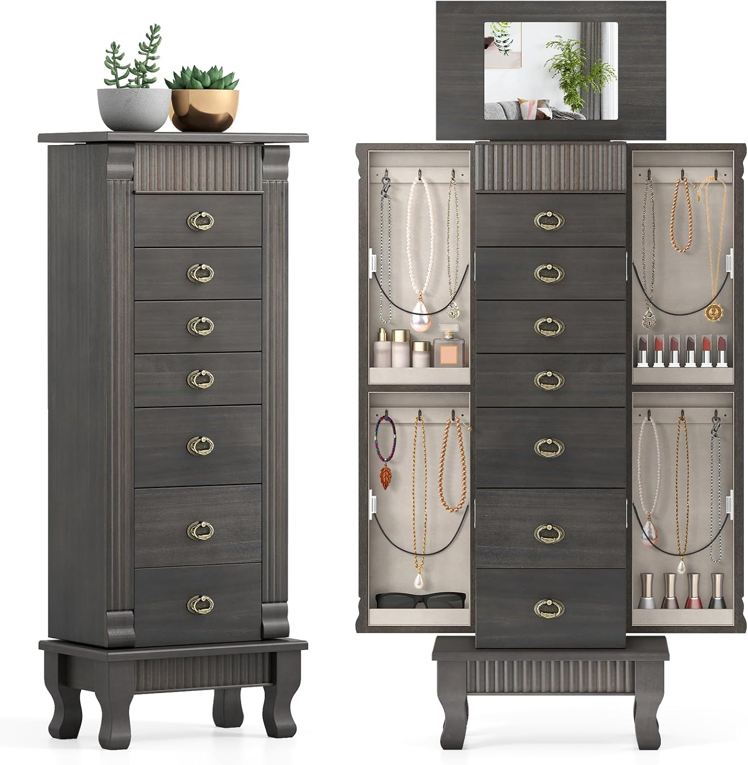 Giantex Weathered Gray Standing Jewelry Armoire: 7 Drawers, Flip Mirror, 12 Necklace Hooks, Velvet Lined Organizer Chest