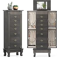 Giantex Weathered Gray Standing Jewelry Armoire: 7 Drawers, Flip Mirror, 12 Necklace Hooks, Velvet Lined Organizer Chest