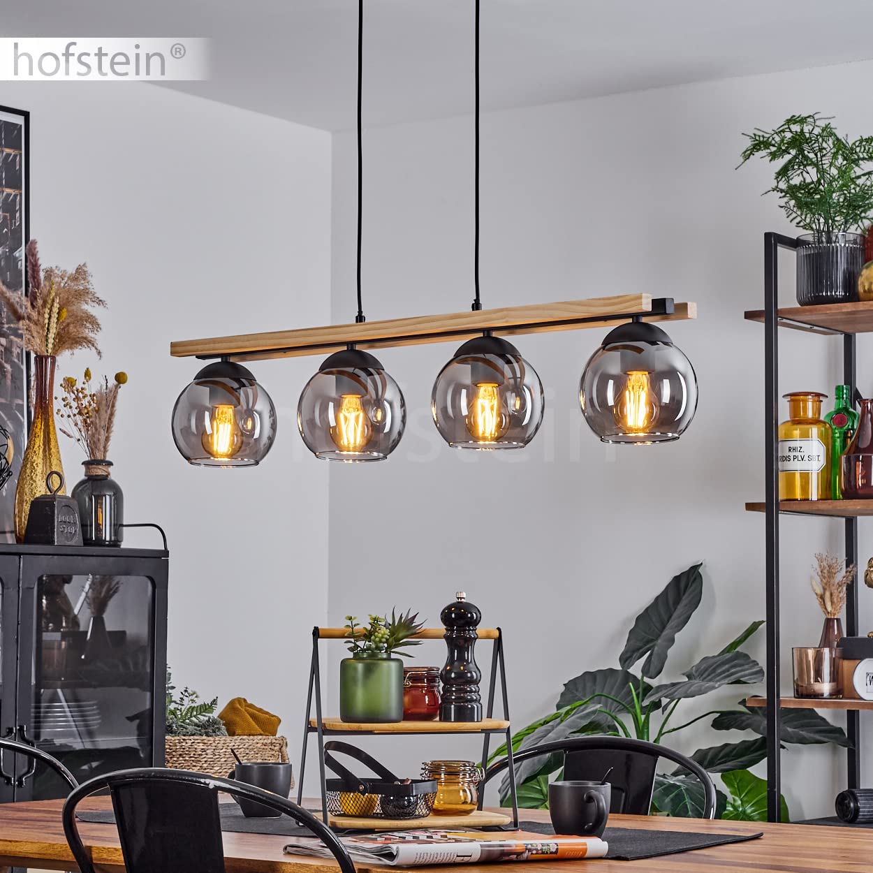 Lampada a sospensione Podre, lampada moderna in metallo/legno/vetro in colore nero/natura/fumo, 4 luci, con paralume in vetro reale (15 cm) e asta in legno, altezza massima 129cm, E27, senza lampadine