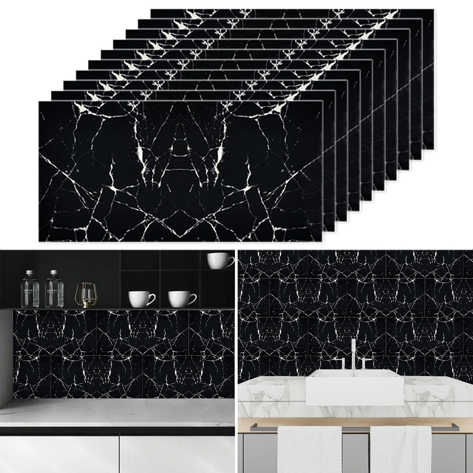 Tarwanear Marble Tile Stickers 60 x 30cm 10PCS Self Adhesive Wall Tiles Bathroom Waterproof Peel and Stick Wall Moulding Panels PVC Stick on Tiles for Home Decor Kitchen Backsplash,Marble Black