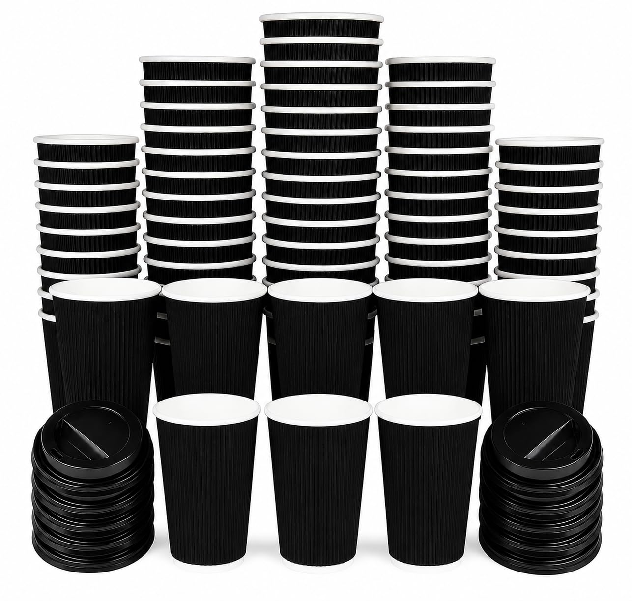 GCM Takeaway Coffee Cups with Lids | Disposable Insulated Triple Wall Ripple Kraft Paper Coffee Cups for Takeaway Coffee, Tea or hot Liquids | Pack of 500 (8 Oz.), Black