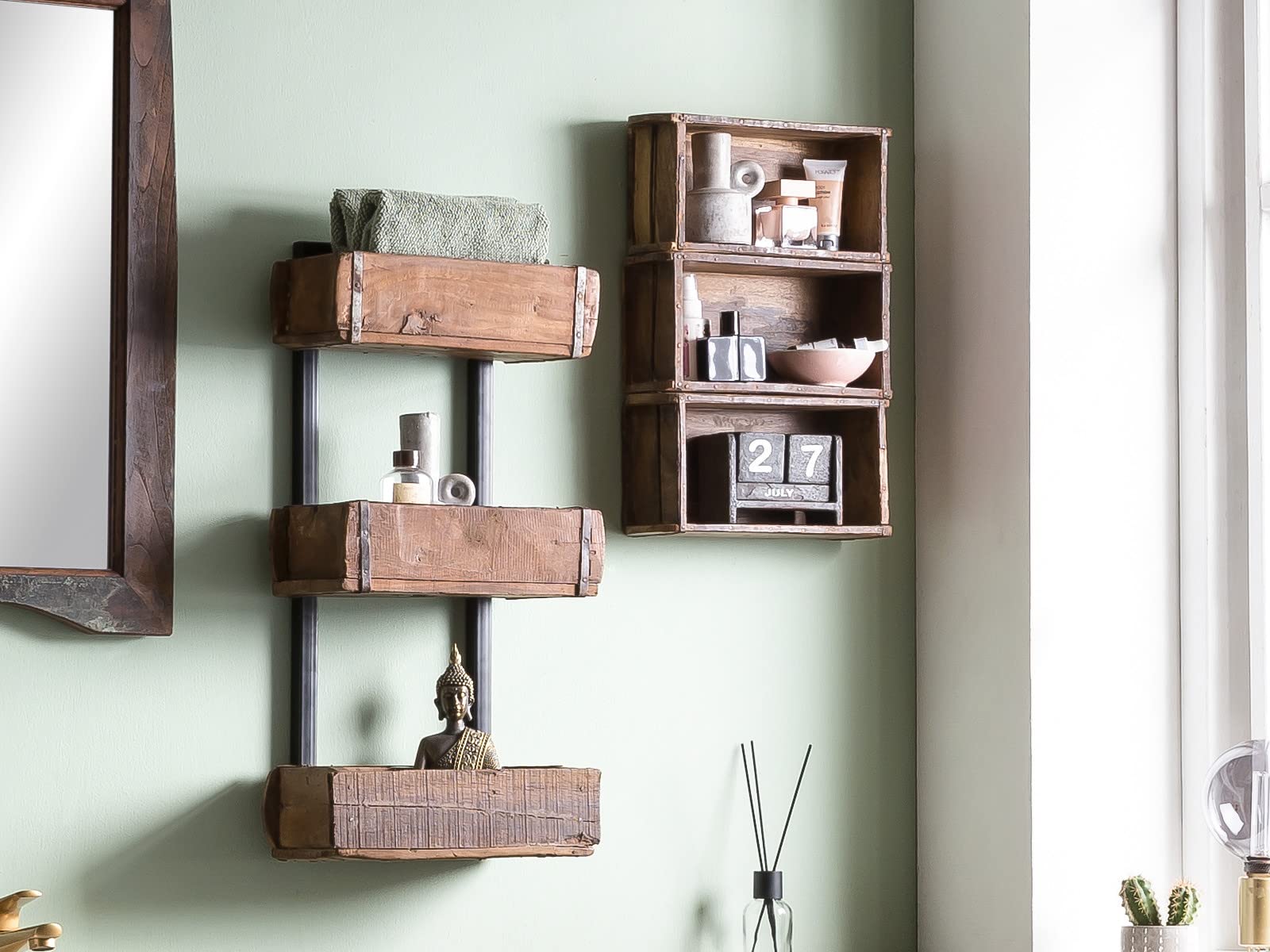 Woodkings® Wandregal Ziegelform 3er Altholz Wandderoration Aufbewahrungsbox Backsteinform rustikal mit Metallbeschlägen Holzbox Wandboard Shabby Geschenkidee Regal Gewürzregal