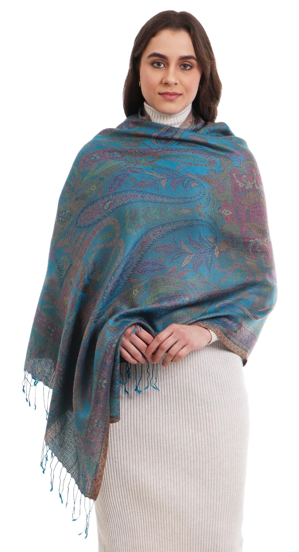 EHKANI GOLD & JAMAWAR SILK SUPER SOFT FLORAL & PAISLEY PASHMINA STOLE SCARF