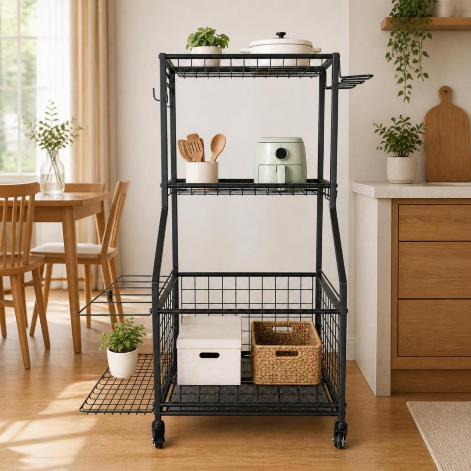 Carrello in Metallo con Ruote Multiuso Carrello Organizer con Ganci Compatto Scaffale per Palestra, Scuola