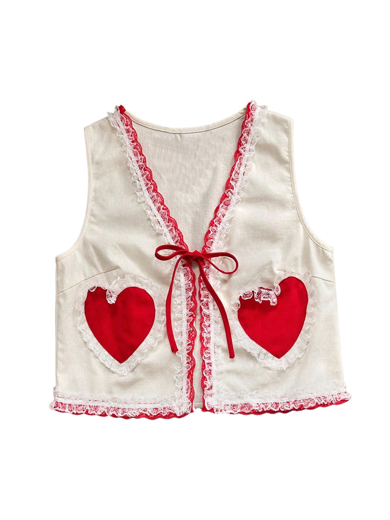 MakeMeChic Womens Cute Tie Front Vest Heart Lace Trim V Neck Tops Sleeveless Pocket Outerwear