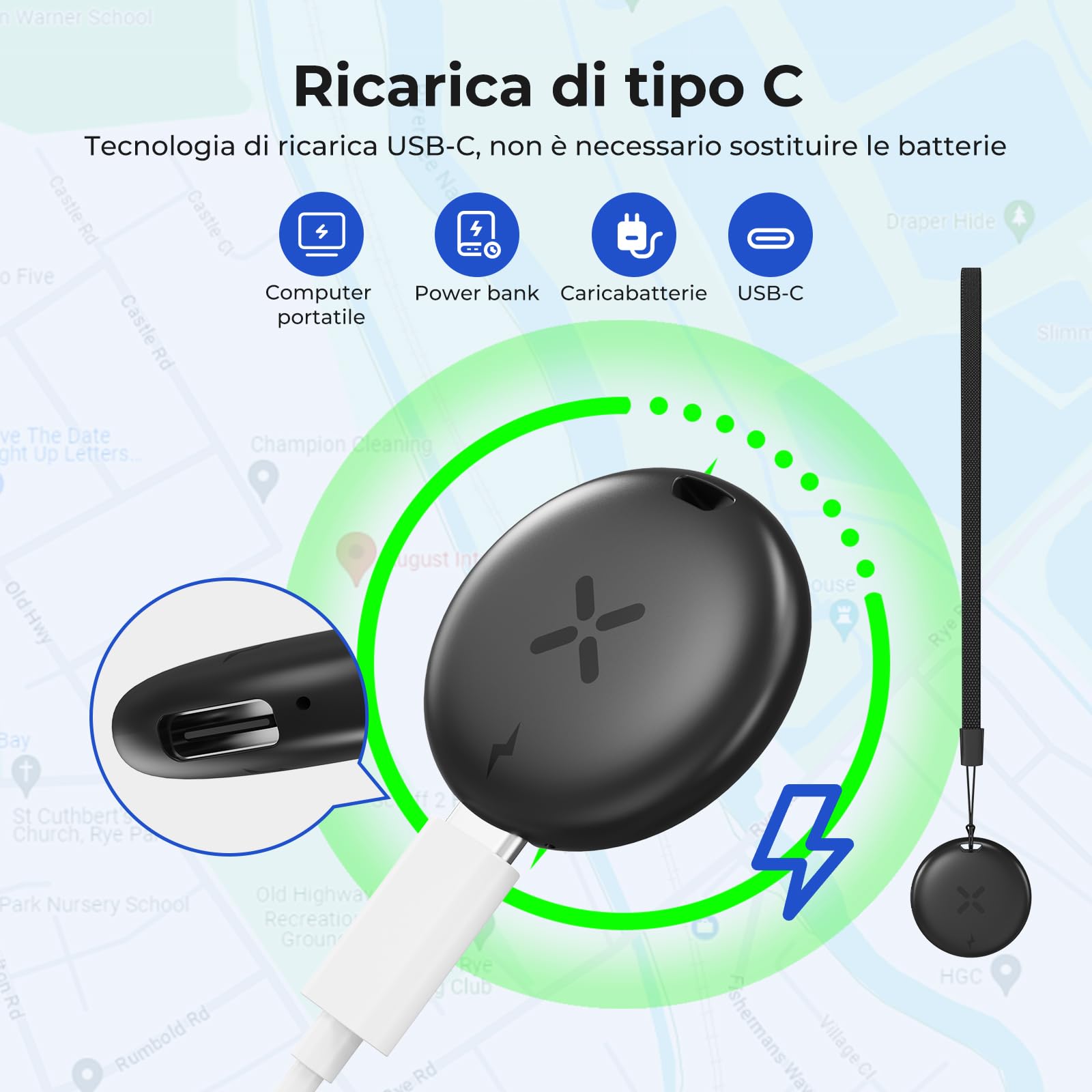 Smart Tracker Tag 4 Pezzi - Ricarica USB-C Localizzatori GPS Compatibile con Apple Dov'è (Solo iOS), per Portafogli, Chiavi, Zaini, Bagagli, Segnale Acustico, Posizionamento Globale, Nero