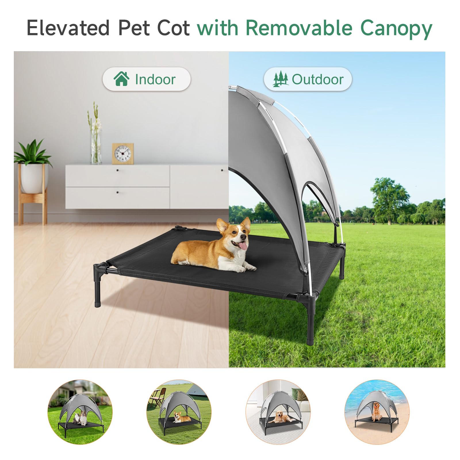 Lit Chien Surélevé avec Parasol, Lit de Camp Chien Chat sur Pieds Tissu Oxford Respirant, Anti-UV Cadre en Métal, Couchage Extérieur pour Chat, 92 x 76 x 94 cm, Gris