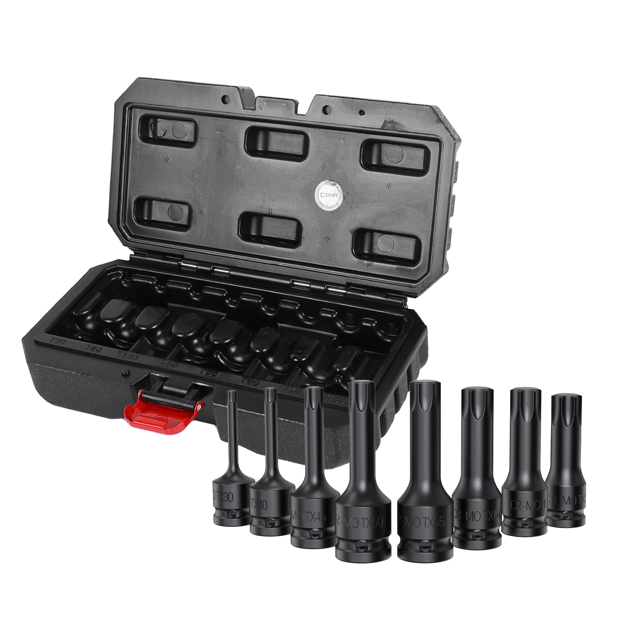 CCLIFE Torx KraftBit zestaw kluczy nasadowych 1/2", 8-częściowy zestaw końcówek do wkrętarki udarowej T30-T80 CR-MO, bity udarowe, 78 mm, bardzo długie, do naprawy i konserwacji