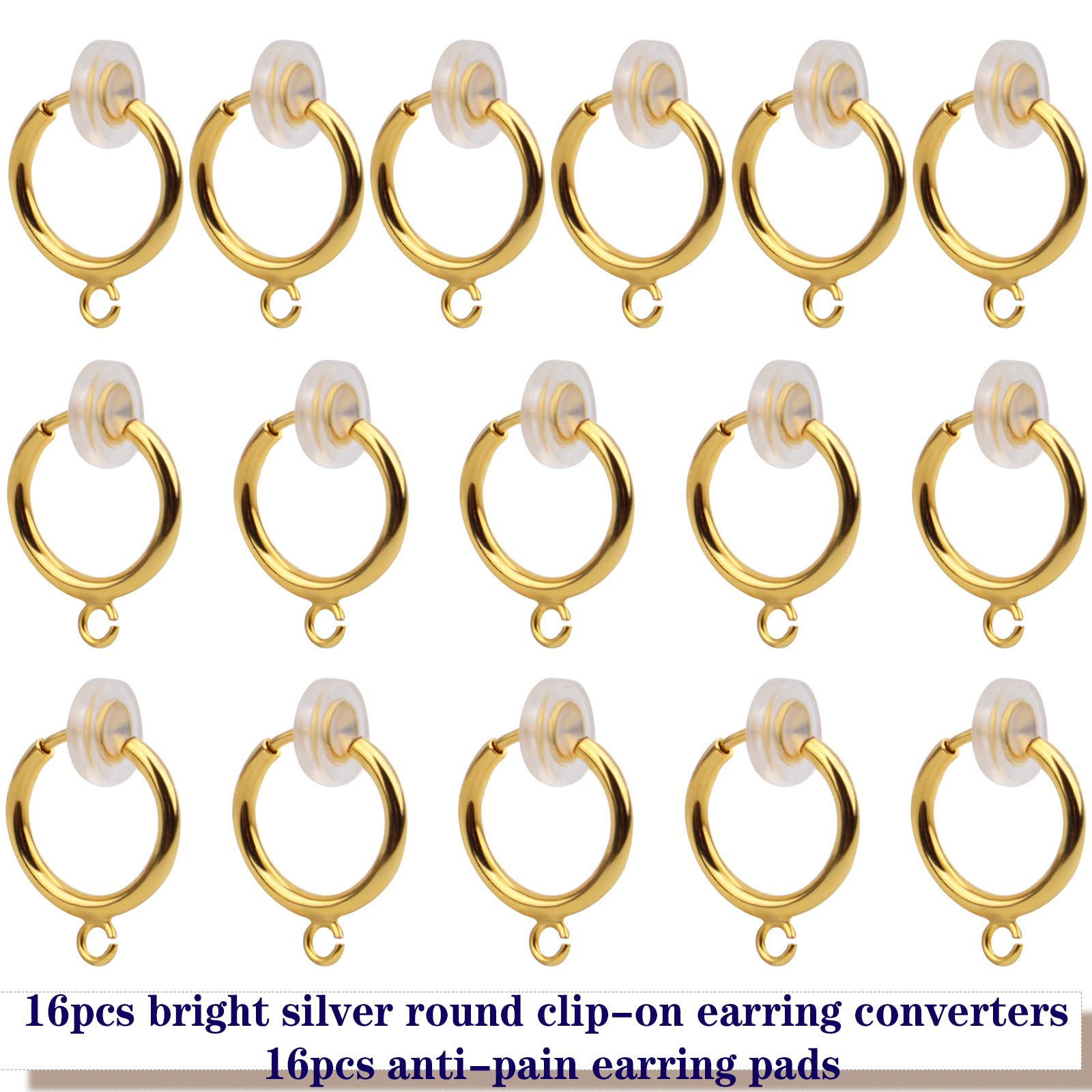 Aylifu 16pcs Golden Clip-on Hoop Converters Round Brass Earring Clips Earring Components Findings with Easy-Open Loop for None Pierced Ears Jewelry Making