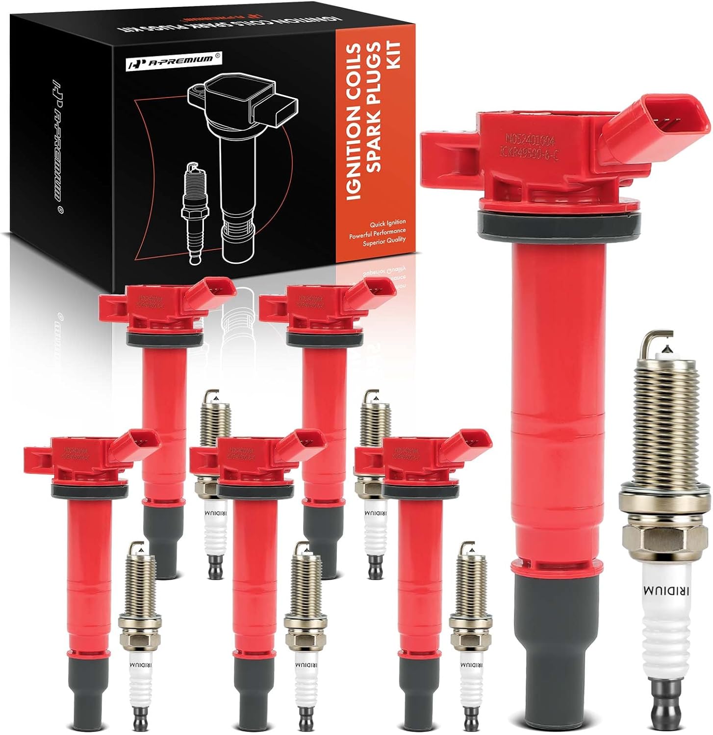 A-Premium (Red) Set of 12 Ignition Coil Pack and Iridium Spark Plugs Compatible with Toyota Tacoma 2005-2015, Tundra 2005-2011, 4Runner 2003-2009, Fj Cruiser 2007-2009, 4.0L, # 9091902248, 90919T2005