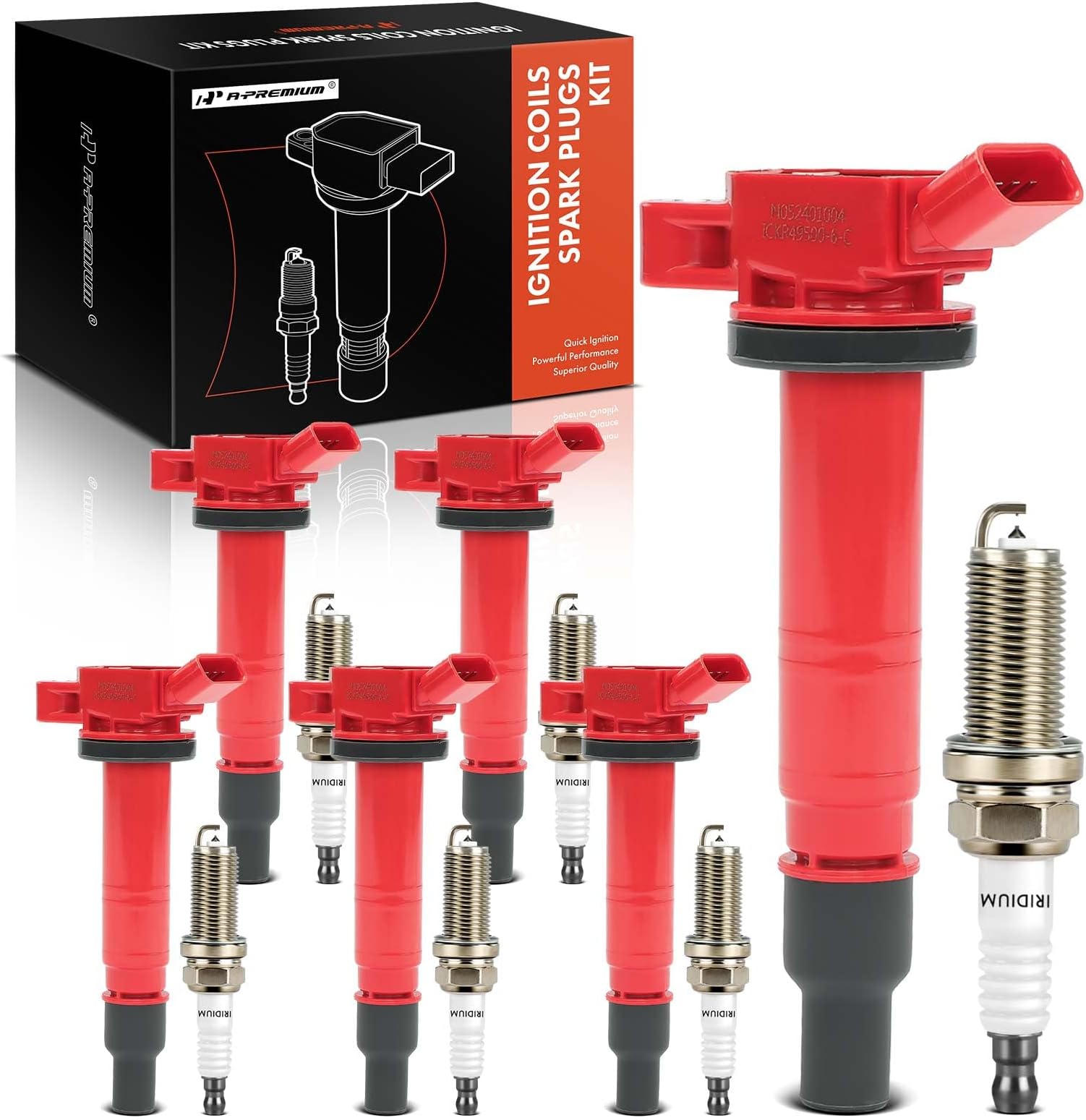 A-Premium (Red) Set of 6 Ignition Coil Pack and Iridium Spark Plugs Compatible with Toyota Tacoma 2005-2015, Tundra 2005-2011, 4Runner 2003-2009, Fj Cruiser 2007-2009, 4.0L, # 9091902248, 90919T2005