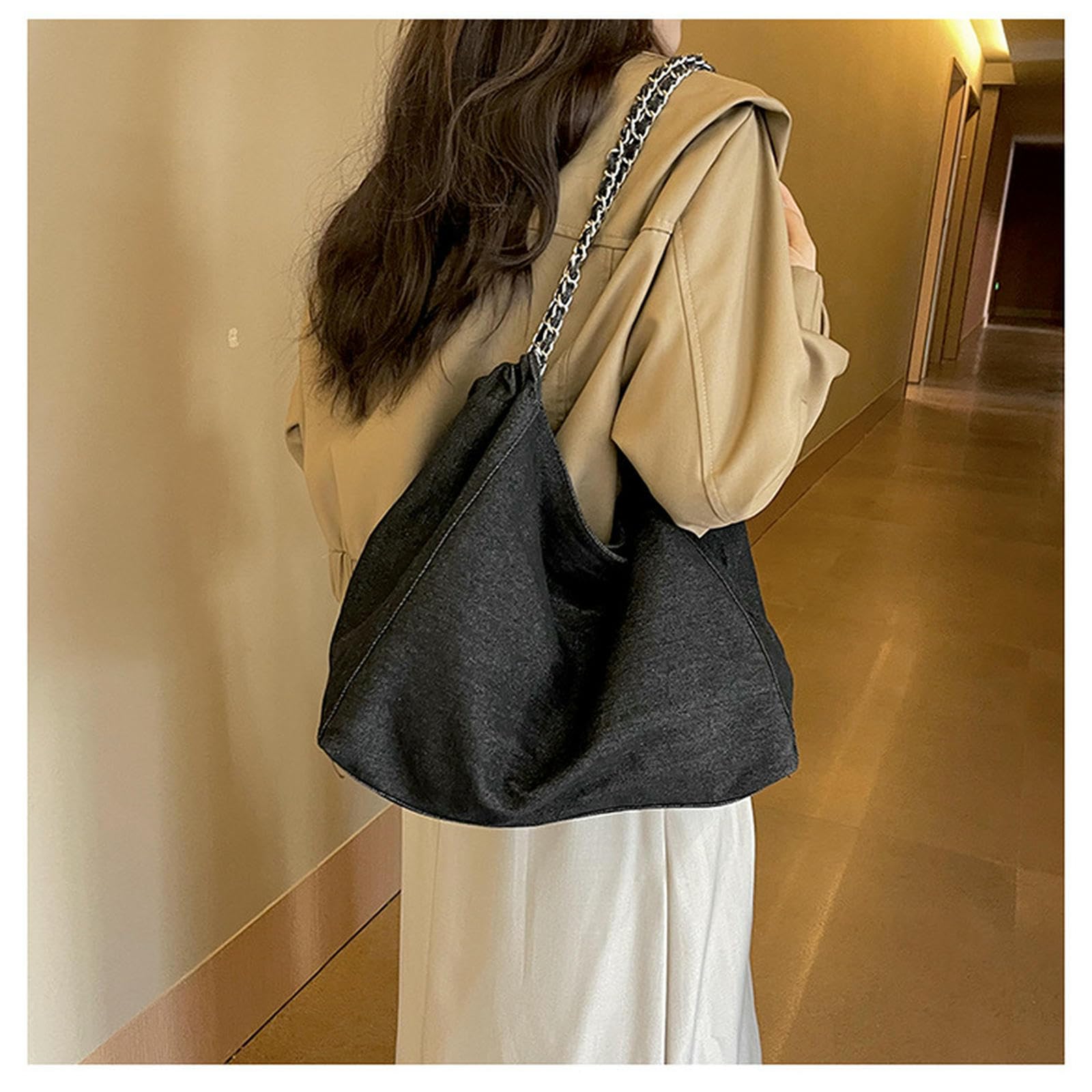 Borsa Donna in Denim di Grande capacità da Donna, A Tracolla Leggera per Studenti Universitari, Catena-Nero