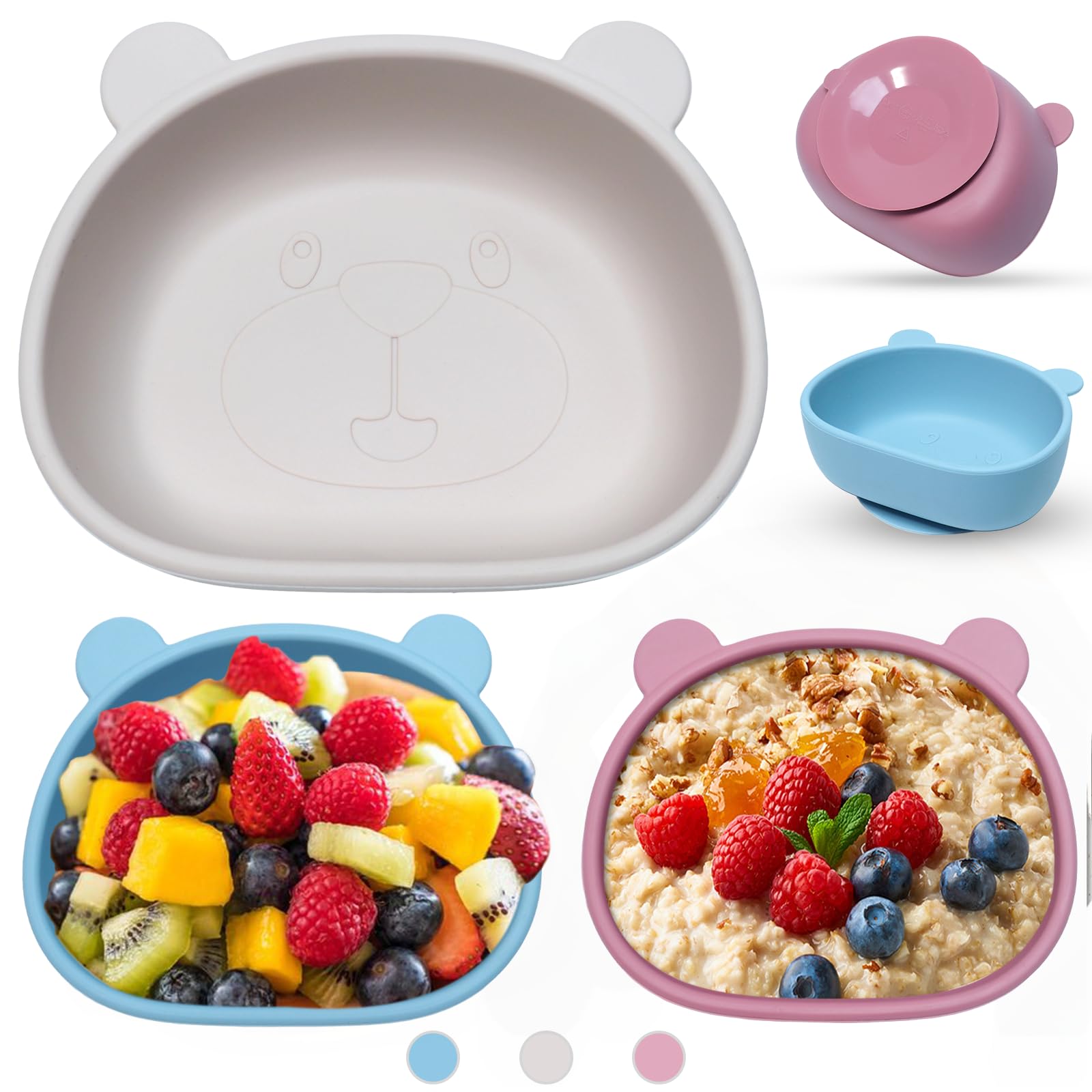Dazhtu 3 Stück Silikon Baby Schüssel mit Saugnapf, Baby Breischale Rutschfest Breischale, Auslaufsicher Silikon Kinderschüssel Babygeschir, BPA-frei, Für Babys Und Kleinkinder(Blau Beige Rosa)