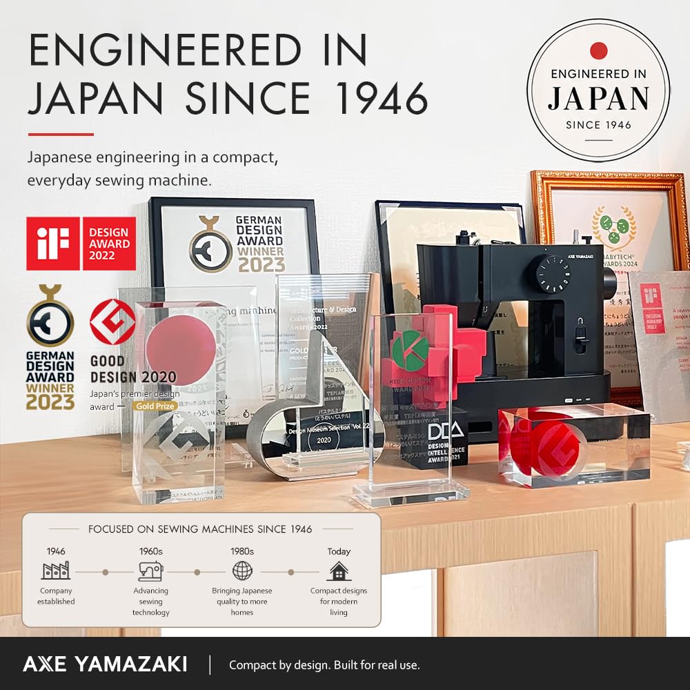 Axe Yamazaki MM-10 | Maszyna do szycia dla początkujących, nożny, lekka przenośna i idealna dla początkujących, czarna, zaprojektowana przez Japonię