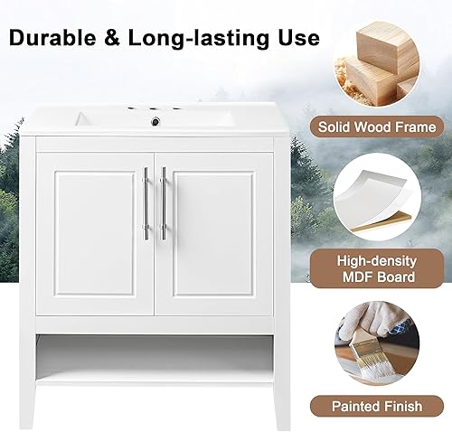 Miniatura 6 de Harper & Bright Designs Tocador de baño de 30 pulgadas con fregadero, juego de tocador de lavabo individual con 2 puertas, cajón y estante abierto,