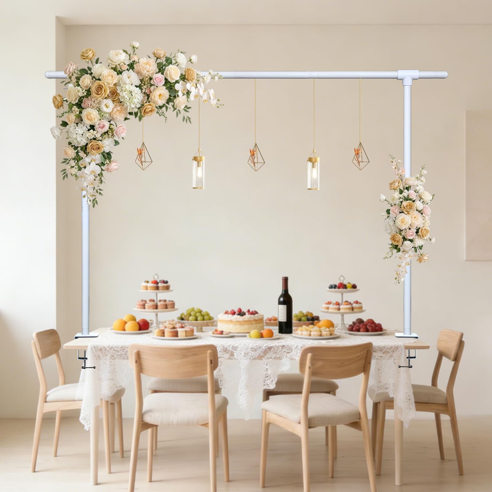Potaosey Over The Table Rod Stand with Clamps White Over Table Rod Adjustable 40-220CM Length 80-120CM Height Balloon Stand Metal Balloon Arch Hanging Rail Suitable for Photo Booth Decoration