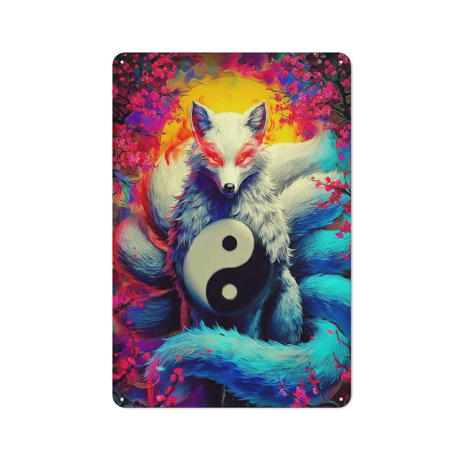 Junmoney Yin-Yang Fox In Blossom Harmony Metal Plaque With Design 30X20cm, Cosy Diner Style Decor For Coffee Bar, Kitchen, Bistro Or Tea Corner