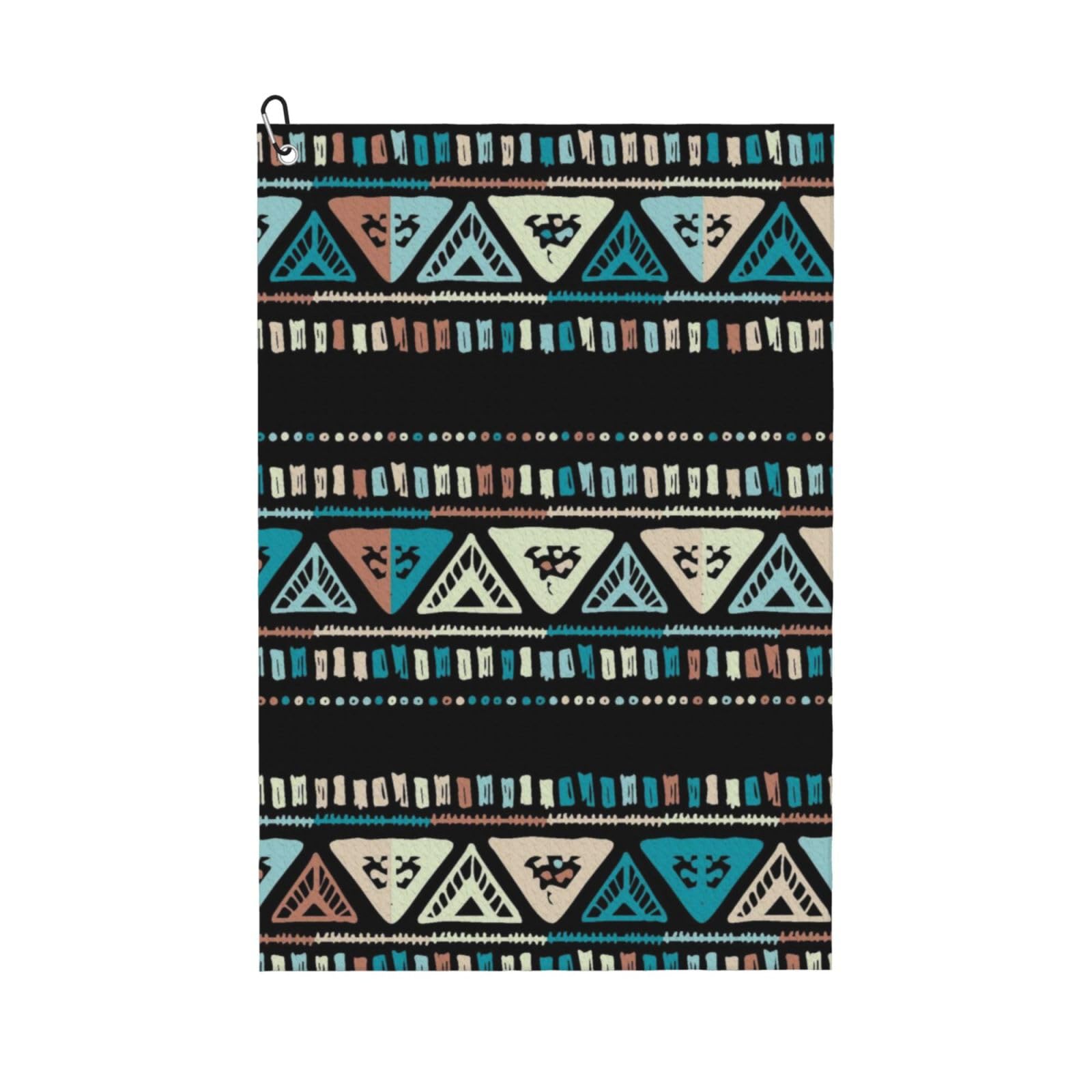 Oudrspo Aztec Geometrical Indigenous Borders Waves Chevron Microfiber Golf Towel with Carabiner Clip, 16x24 Inch Absorbent Waffle Weave Towel for Golf Bags